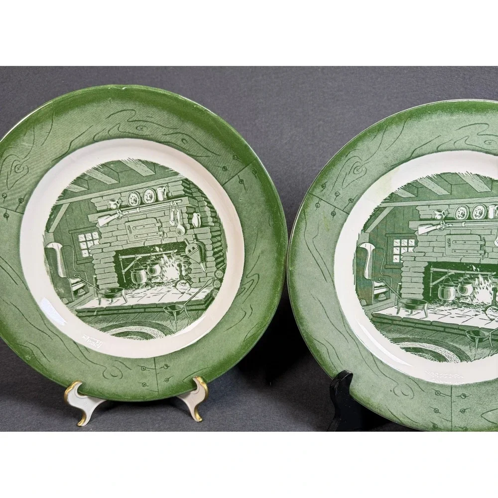Royal China‎ Colonial Homestead Green Transferware Dinner Plates Set of 2 USA